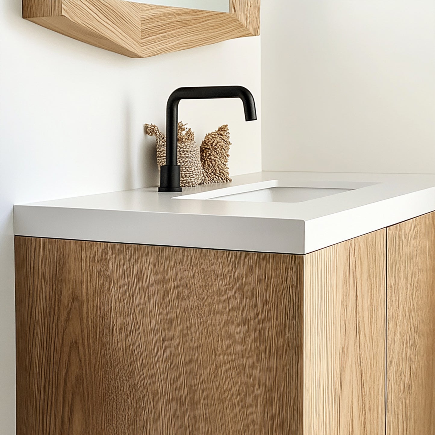 wood grain white oak detail Minimalist floating white oak vanity with a seamless wood grain finish