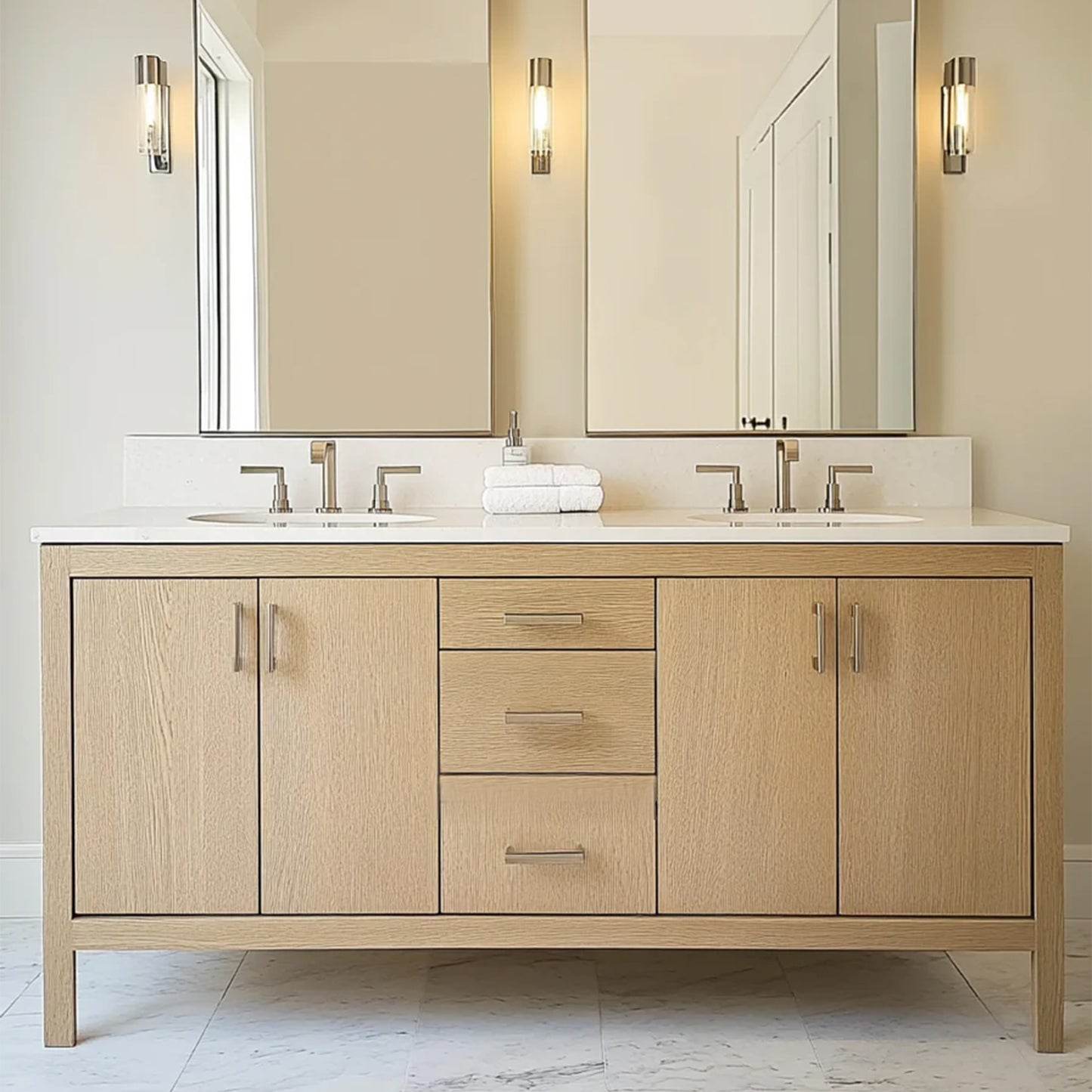 Handcrafted white oak double sink bathroom vanity with a sleek modern design, set in a luxurious bathroom with soft lighting and contemporary fixtures