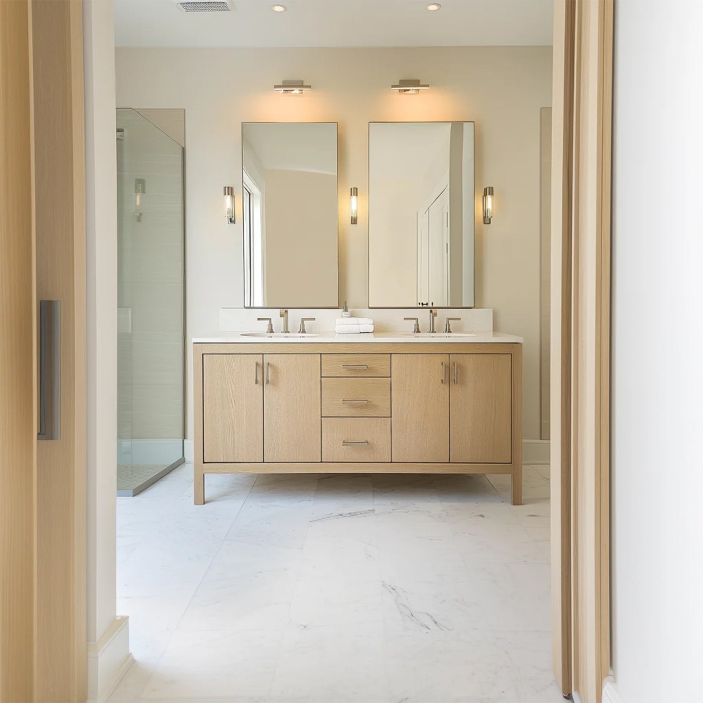 Luxury solid white oak bathroom vanity with soft-close drawers, sitting in a high-end bathroom with elegant marble countertops and modern fixtures.