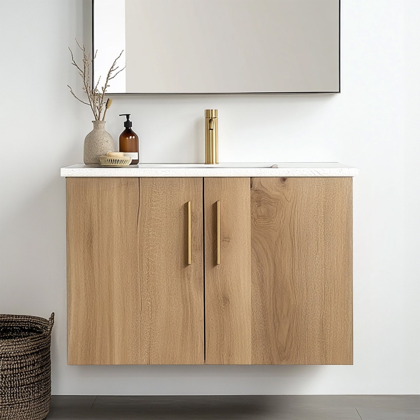 front view of modern white oak euro slab doors Custom minimalist white oak vanity with a floating design, bringing a natural, organic feel to a contemporary bathroom with soft, warm lighting.