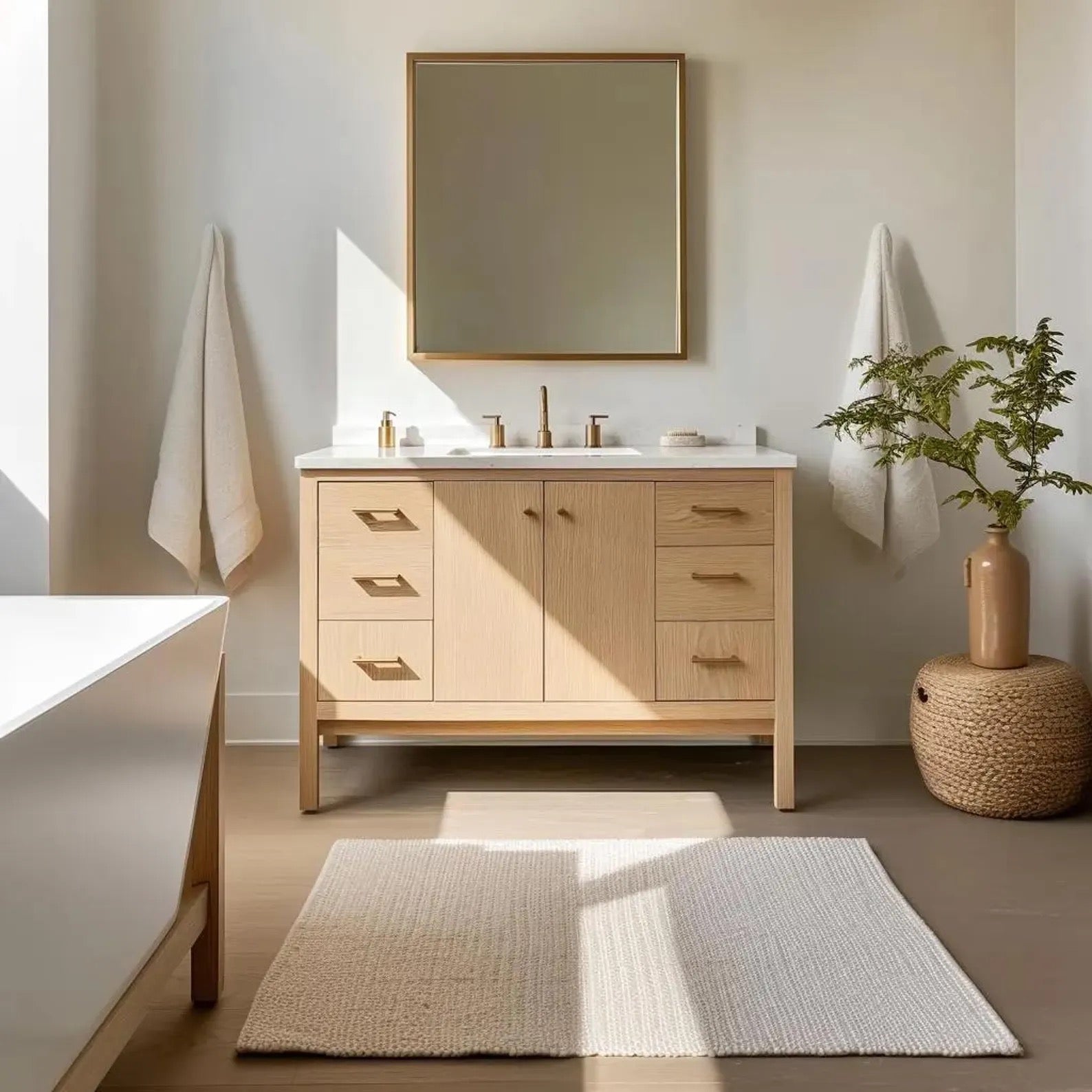 Sustainably sourced solid white oak double vanity with a timeless aesthetic, enhancing a bright bathroom with sleek accents and minimalist details.