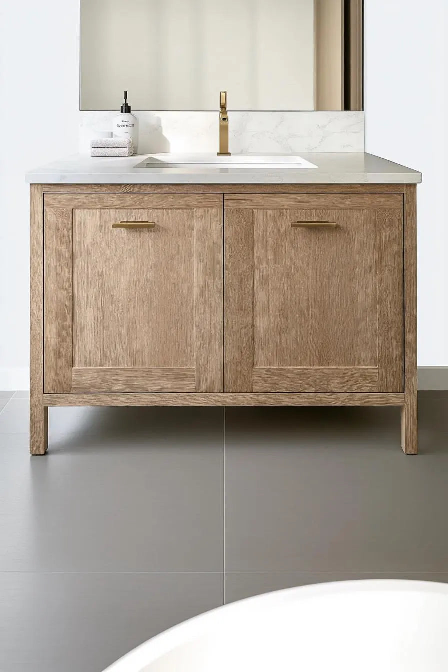 Custom-built single sink vanity made of white oak, adding a timeless touch to a high-end modern bathroom with elegant wood and stone textures.