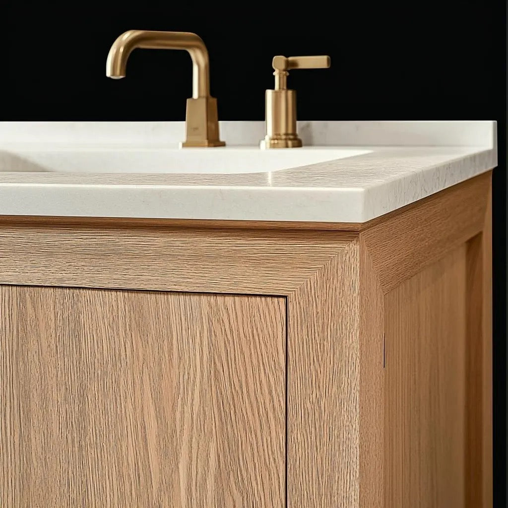 Minimalist white oak vanity with soft-close doors and a seamless design