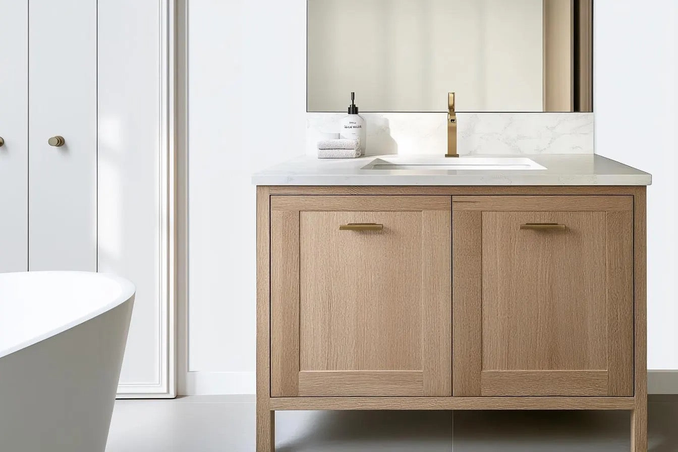 Modern single sink vanity made from premium white oak, perfectly complementing a bright, spa-like bathroom with natural textures and warm lighting.