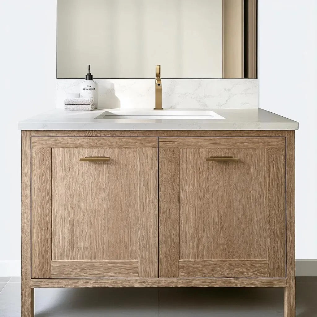 Compact yet spacious single sink white oak vanity, blending seamlessly with a modern bathroom featuring neutral walls and warm wooden accents.
