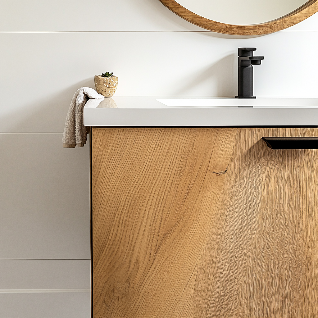 front door view of modern Handmade floating vanity crafted from premium white oak