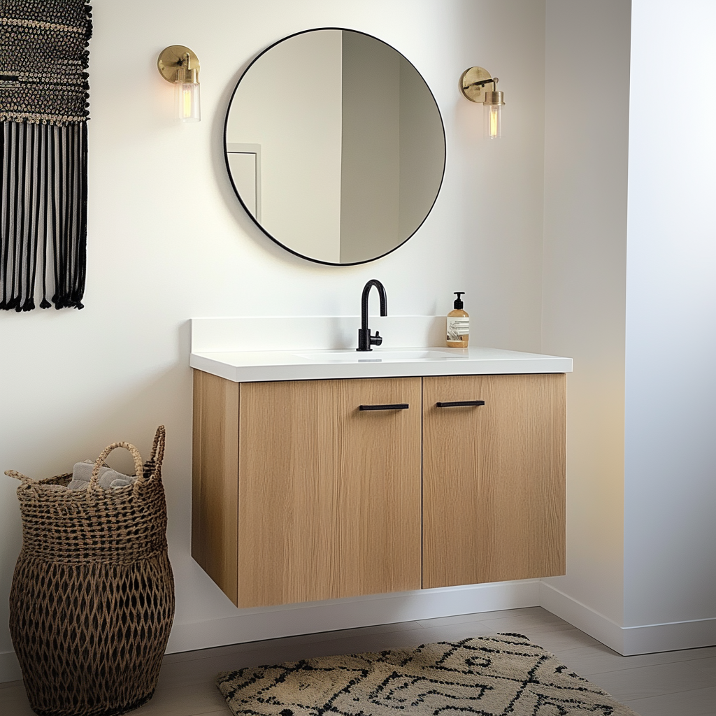 Modern wall-mounted white oak vanity with a floating effect, creating an open and airy feel in a contemporary bathroom with stylish lighting.