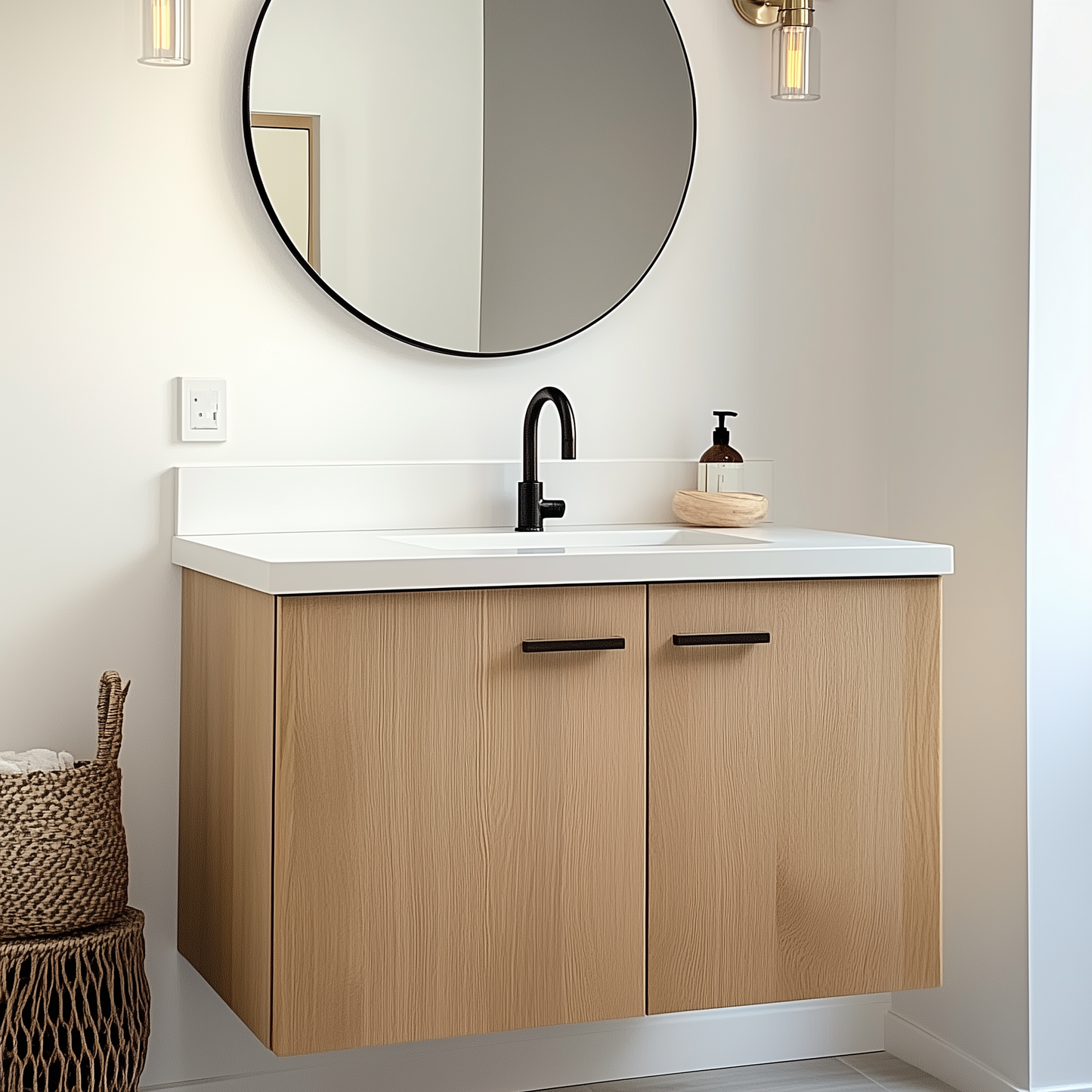 Custom-built 36-inch white oak vanity with a minimalist full-overlay design, seamlessly integrating into a modern bathroom with a serene ambiance.