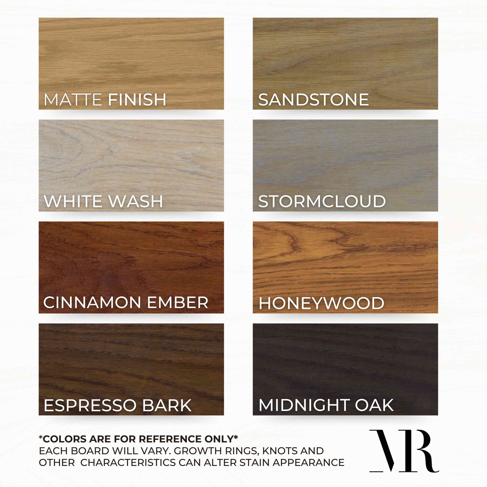 Wood finish modern white oak mantle options matte, sandstone, white wash, stormcloud, cinnamon,honeywood,espresso,midnight, colors are for reference only each board will vary. Growth rings knots and other characteristics can after stain appearance