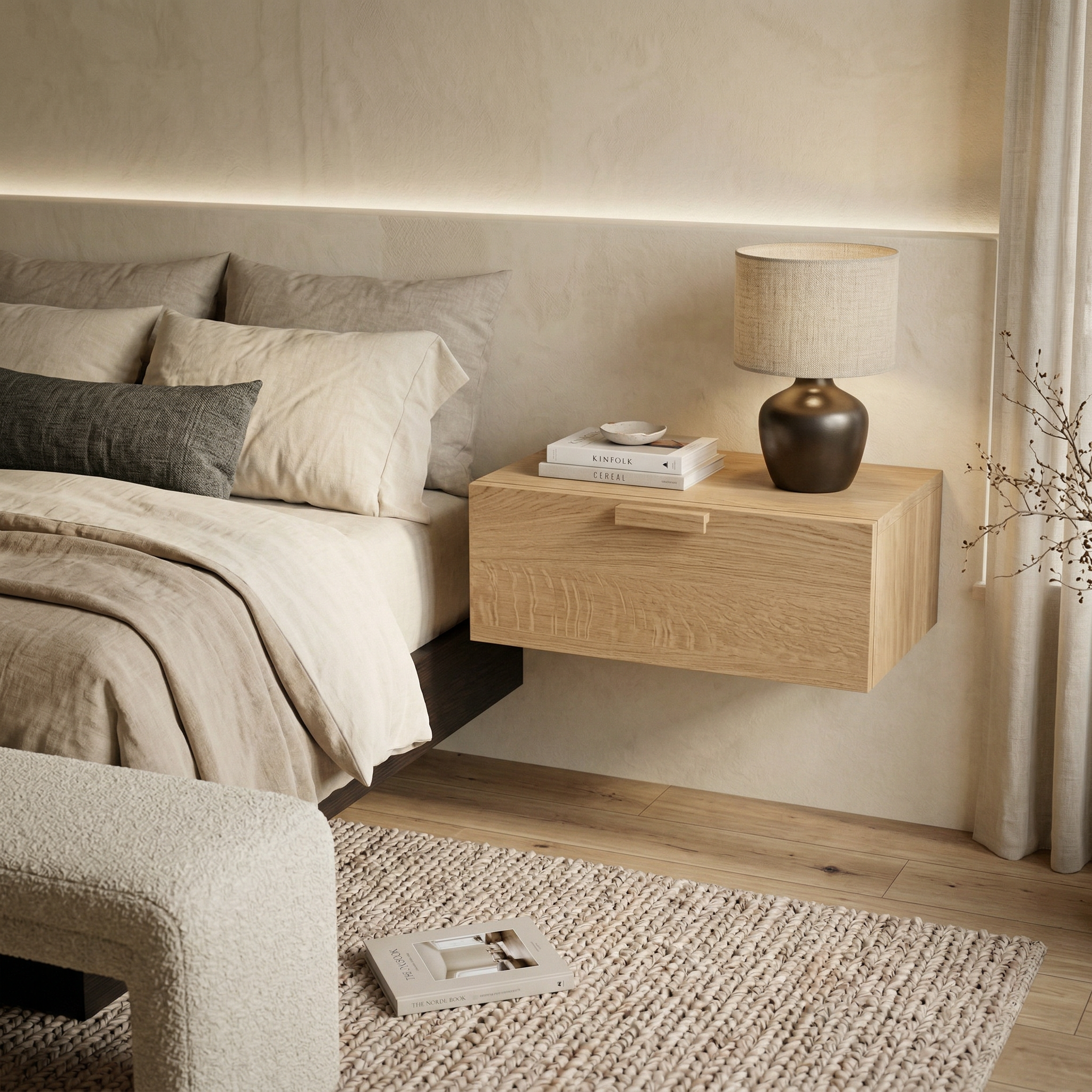 Floating Natural Look Wooden Nightstand Bedside Table