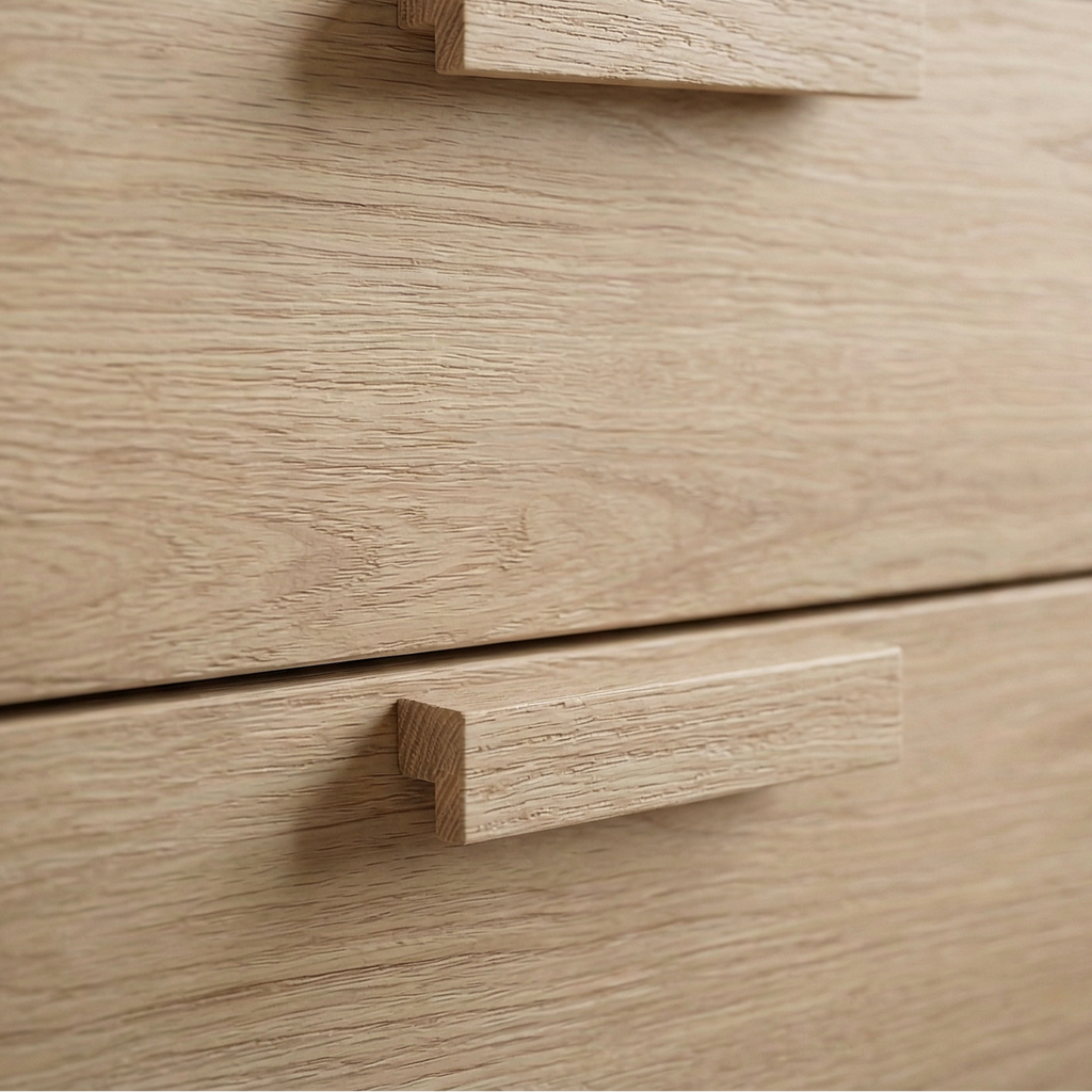 Close-up of a wooden dresser with two drawers and handles.