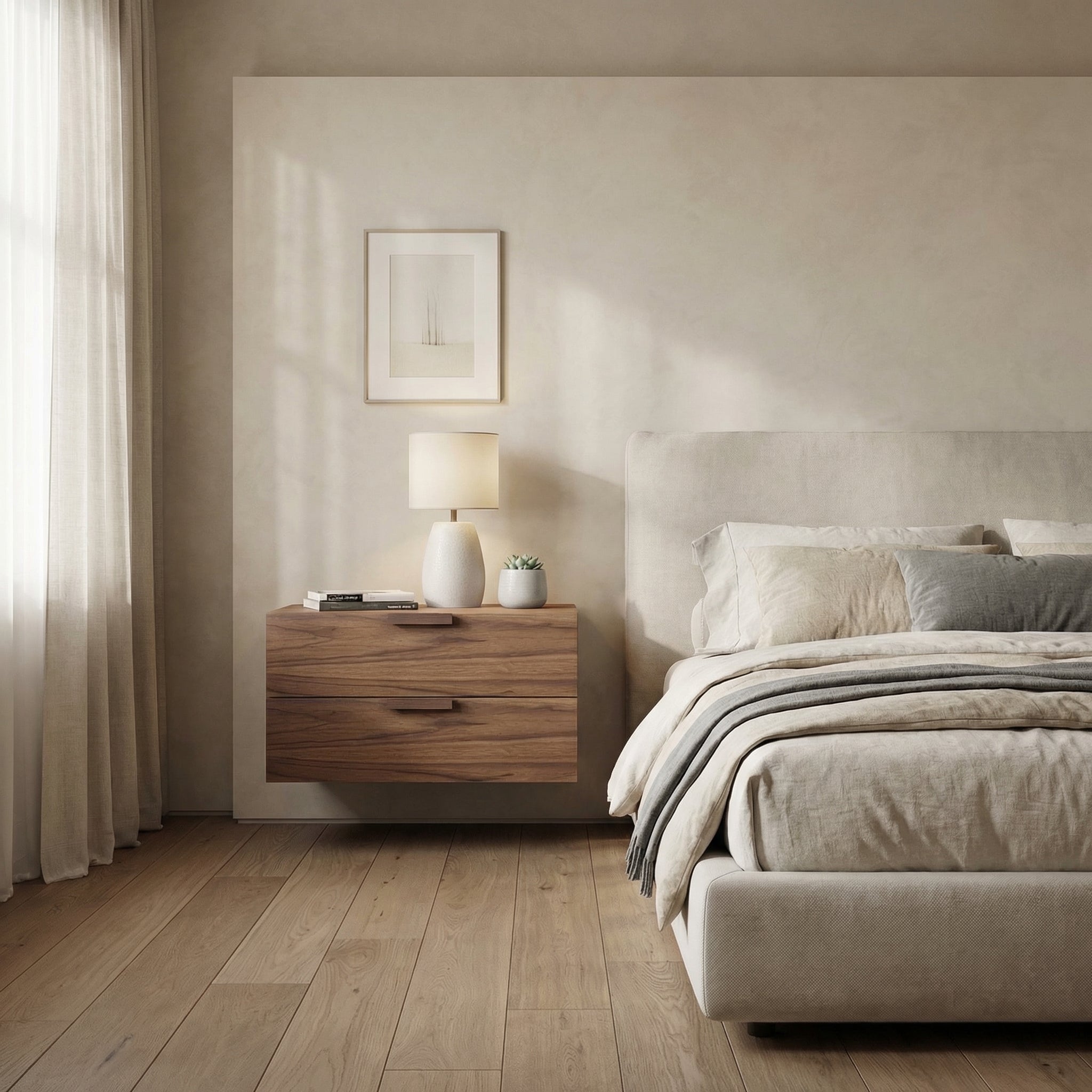 Floating Natural Look Wooden Nightstand Bedside Table