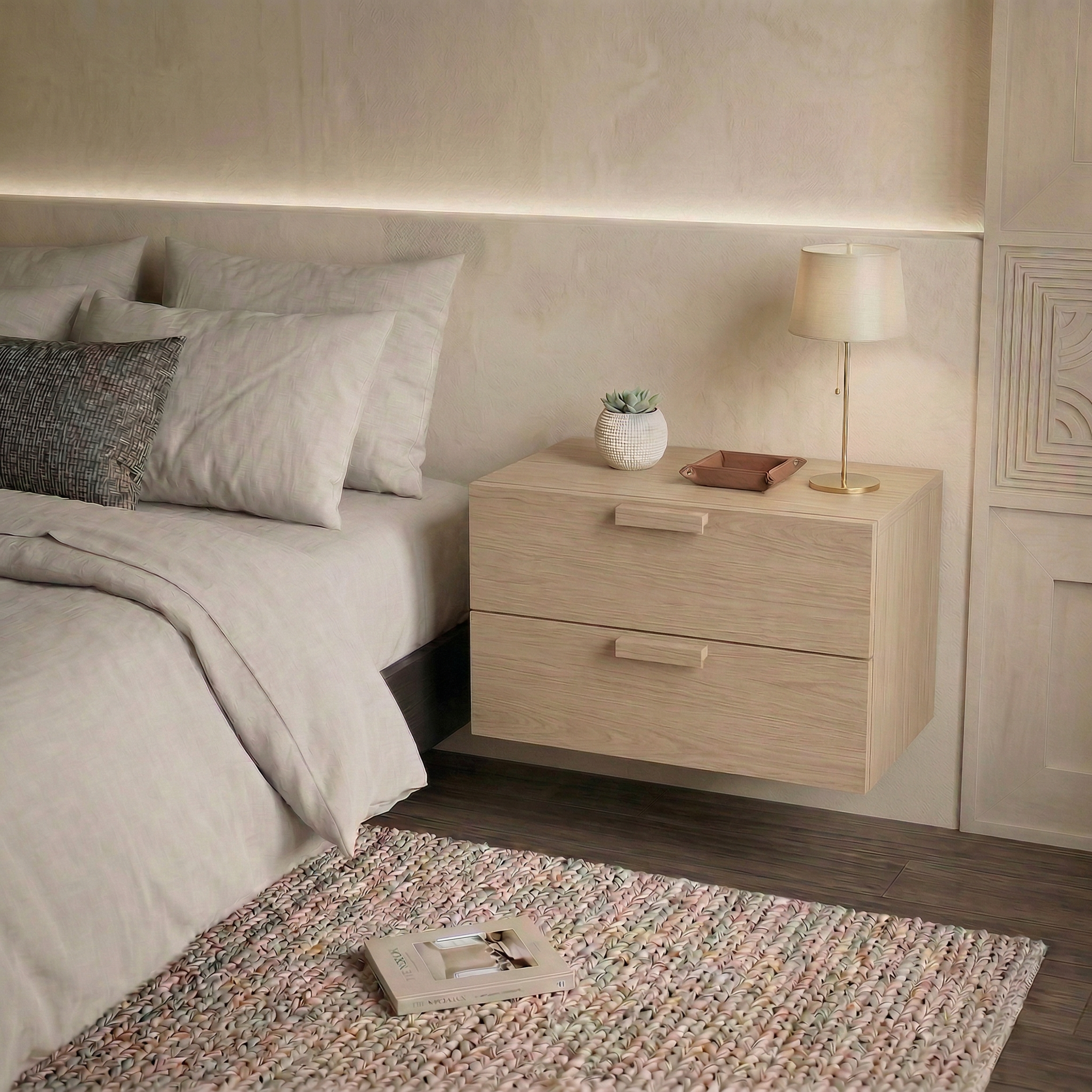 Floating Natural Look Wooden Nightstand Bedside Table