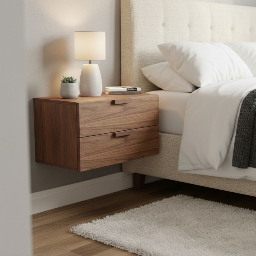 Floating Natural Look Wooden Nightstand Bedside Table