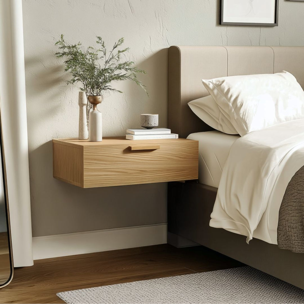 Floating Natural Look Wooden Nightstand Bedside Table