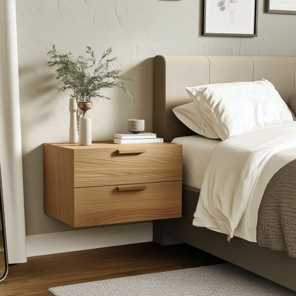 Floating Natural Look Wooden Nightstand Bedside Table