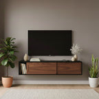 Wooden TV stand with a television mounted on a wall in a living room setting.