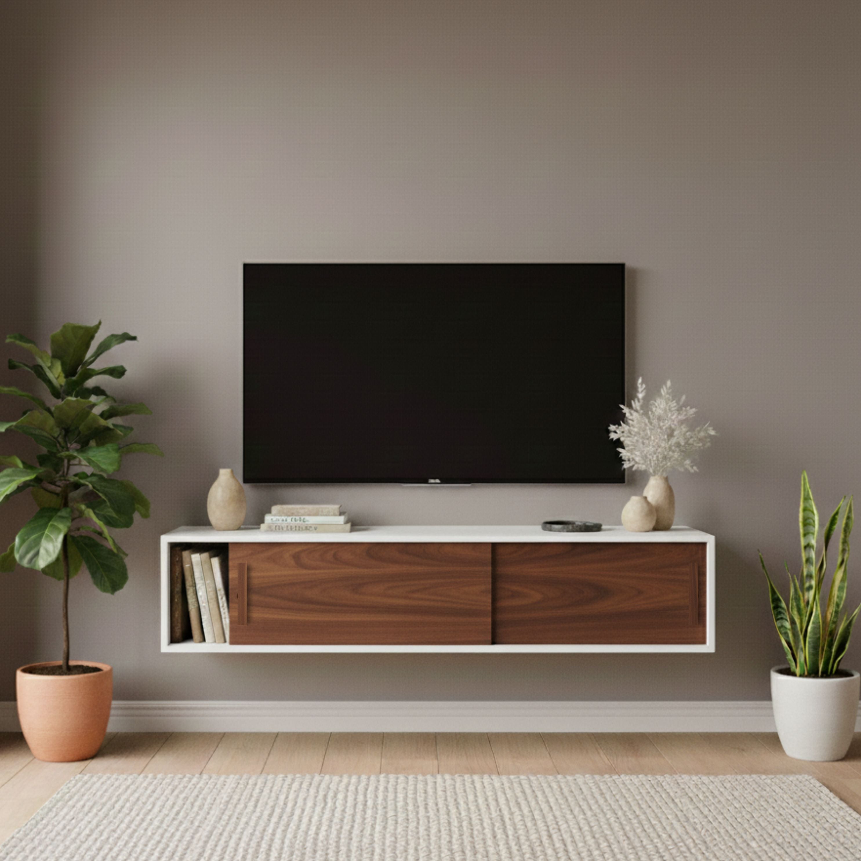 Wooden TV stand with a television mounted on a wall in a living room setting.