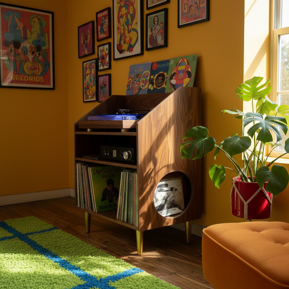 Wooden record player console with vinyl records against a yellow wall, sunlit room with plant and rug.