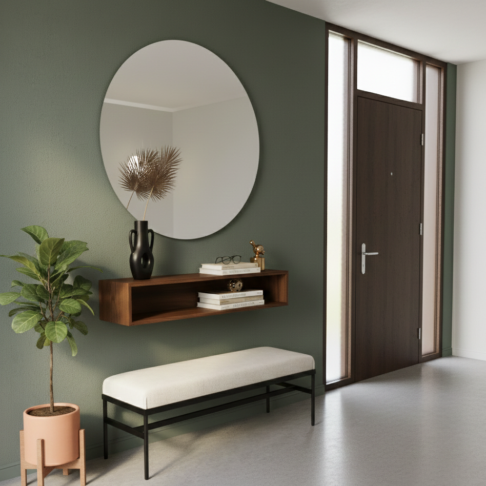 Modern interior with a round mirror, wooden shelf, and bench against a green wall.