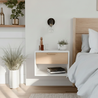 Modern bedroom with wooden nightstand, bed, and decorative elements.