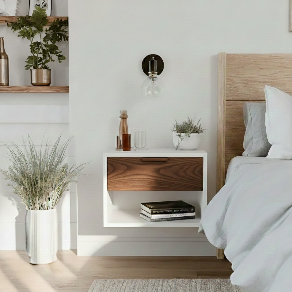 Modern bedroom with wooden nightstand, bed, and decorative elements.