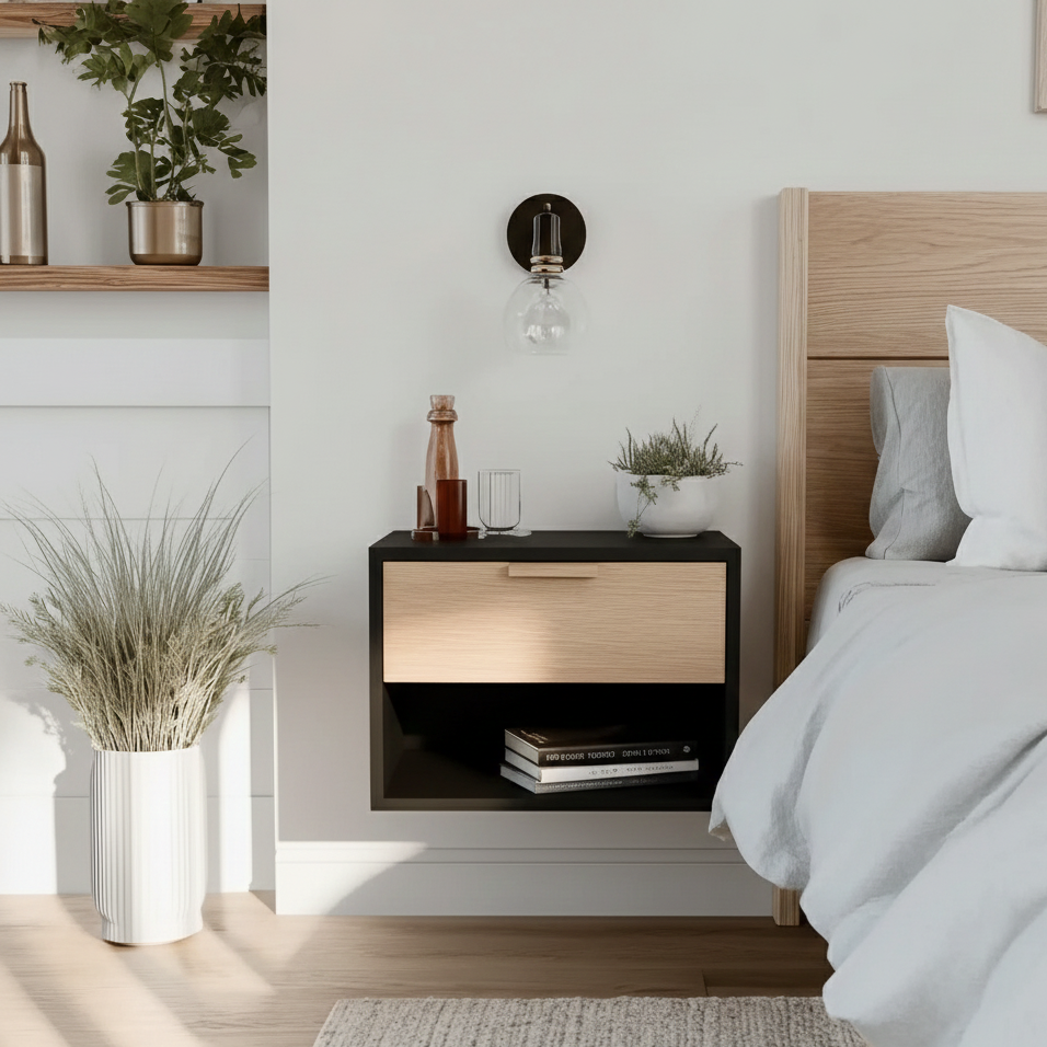 Modern bedroom with a nightstand, bed, and decorative elements.
