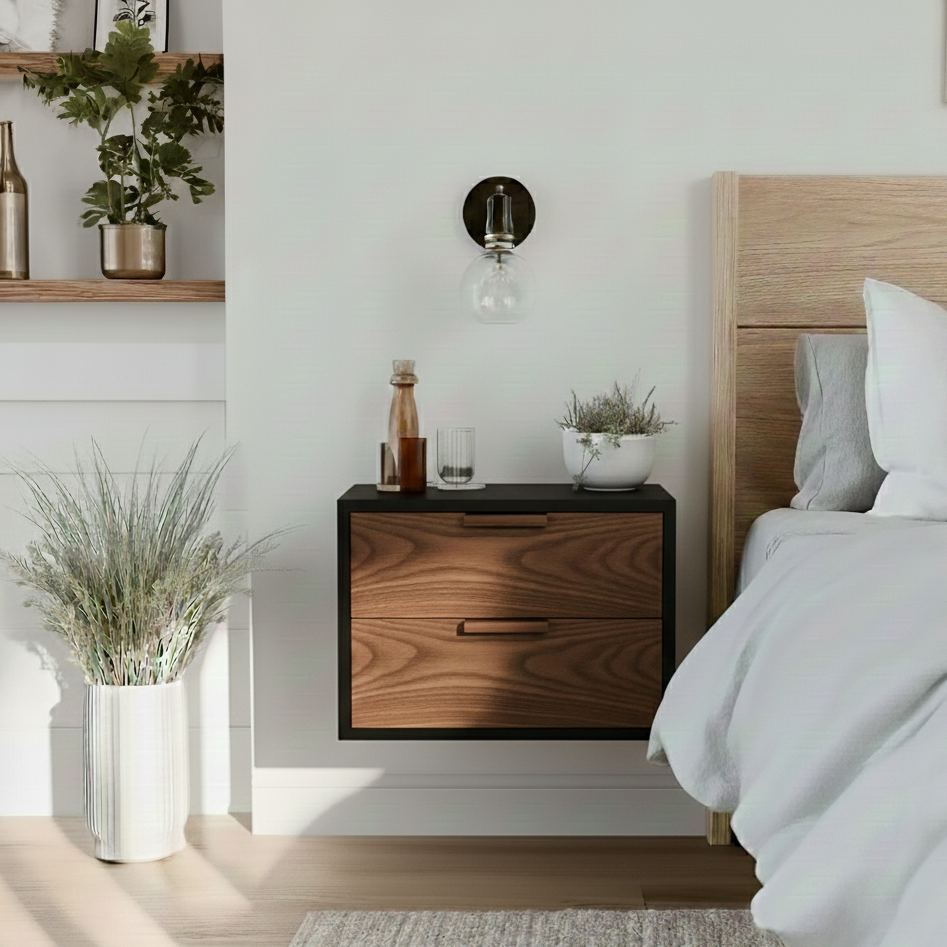 Modern bedroom with wooden nightstand, bed, and decorative elements.