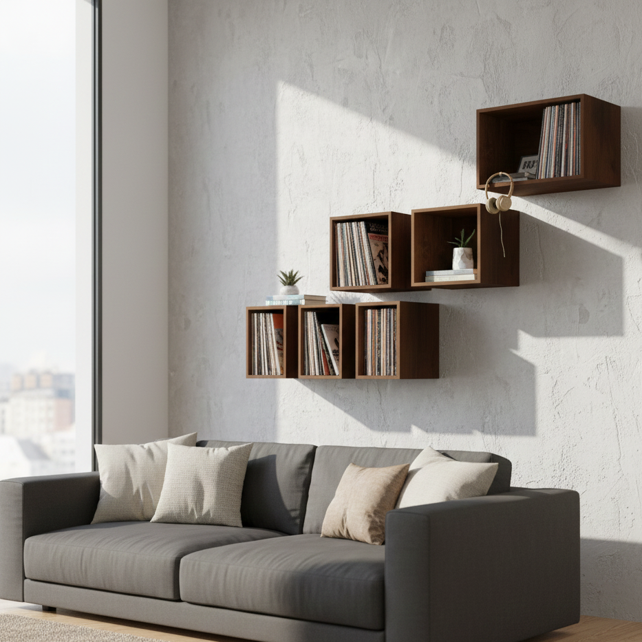 Gray sofa with decorative pillows in a modern living room setting with wall-mounted shelves.