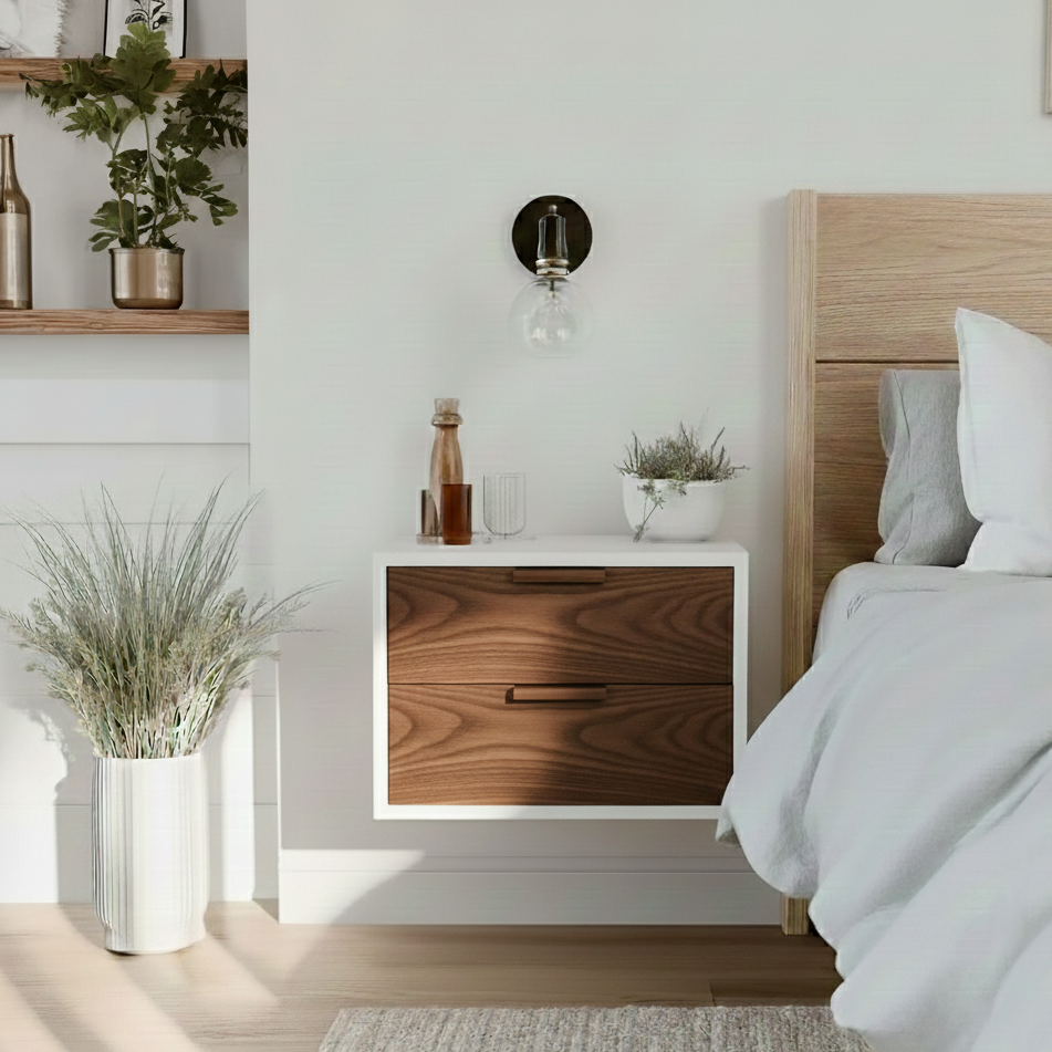 Modern bedroom with wooden nightstand, bed, and decorative plants.