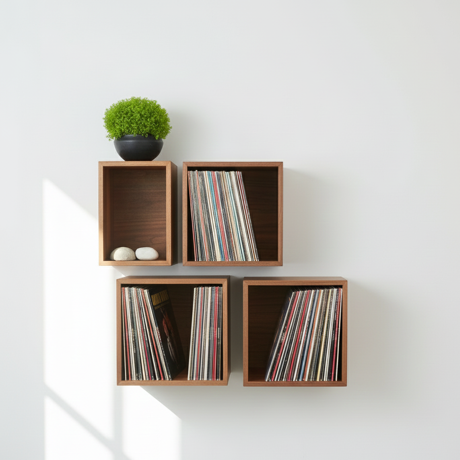 Wooden wall shelves with vinyl records and a small plant on a white wall.