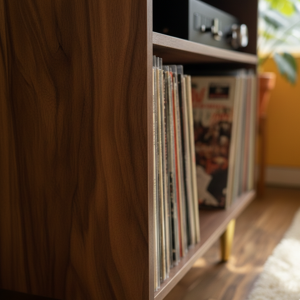 Wooden shelf with vinyl records and a blurred background