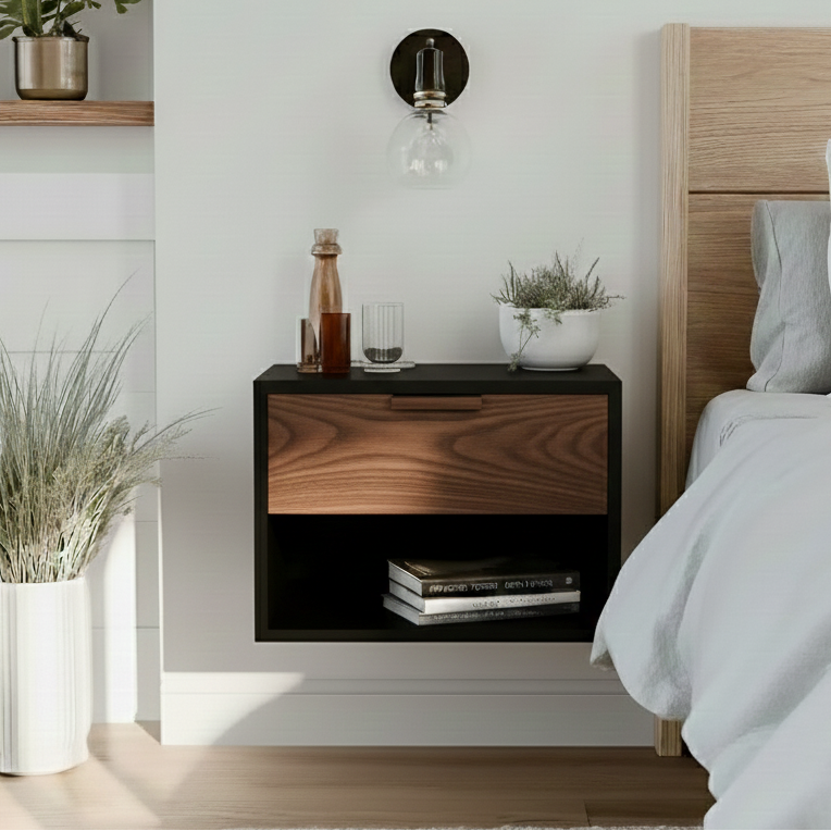Modern bedroom with wooden nightstand, bed, and decorative elements.