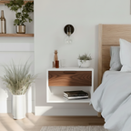 Modern bedroom with wooden nightstand, bed, and decorative elements.