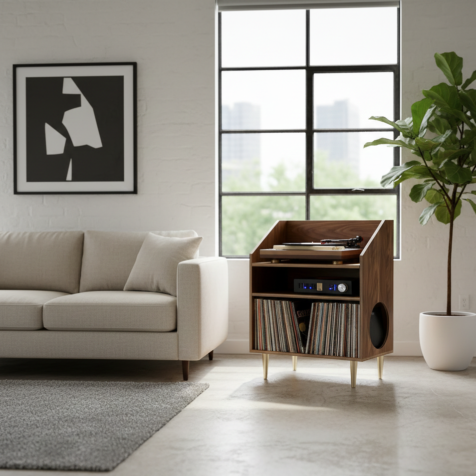 Modern living room with a beige sofa, record player cabinet, and plant.