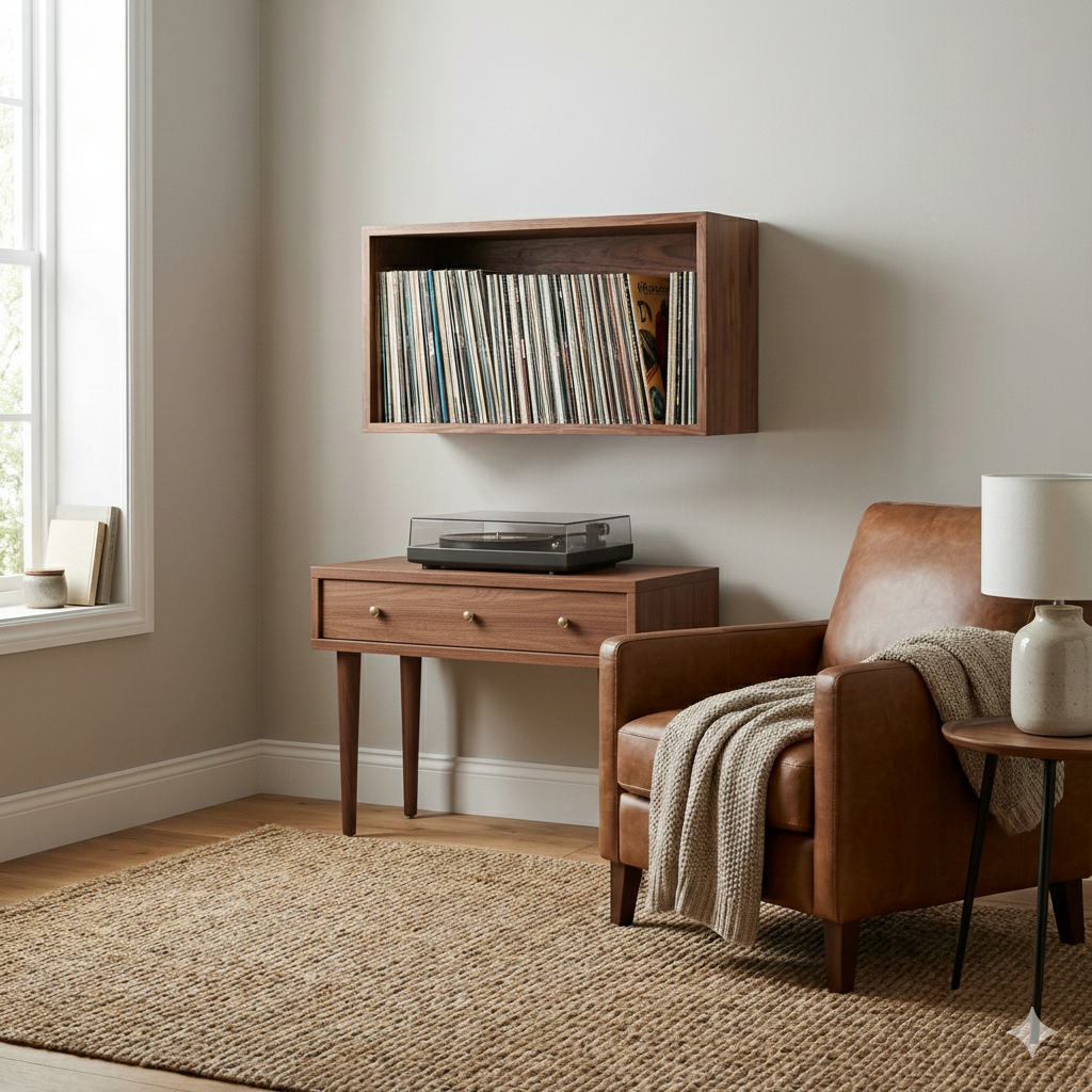 Living room with brown leather armchair, wooden side table, and vinyl record storage cabinet.