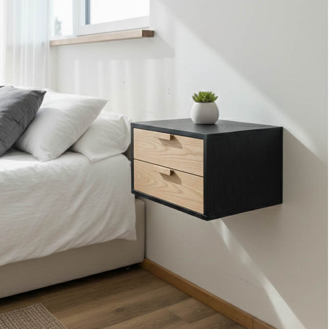 Modern bedroom with a bed, nightstand, and window