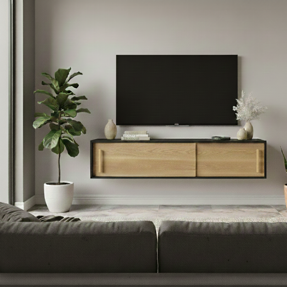 Modern living room with a wooden TV stand, plant, and television.
