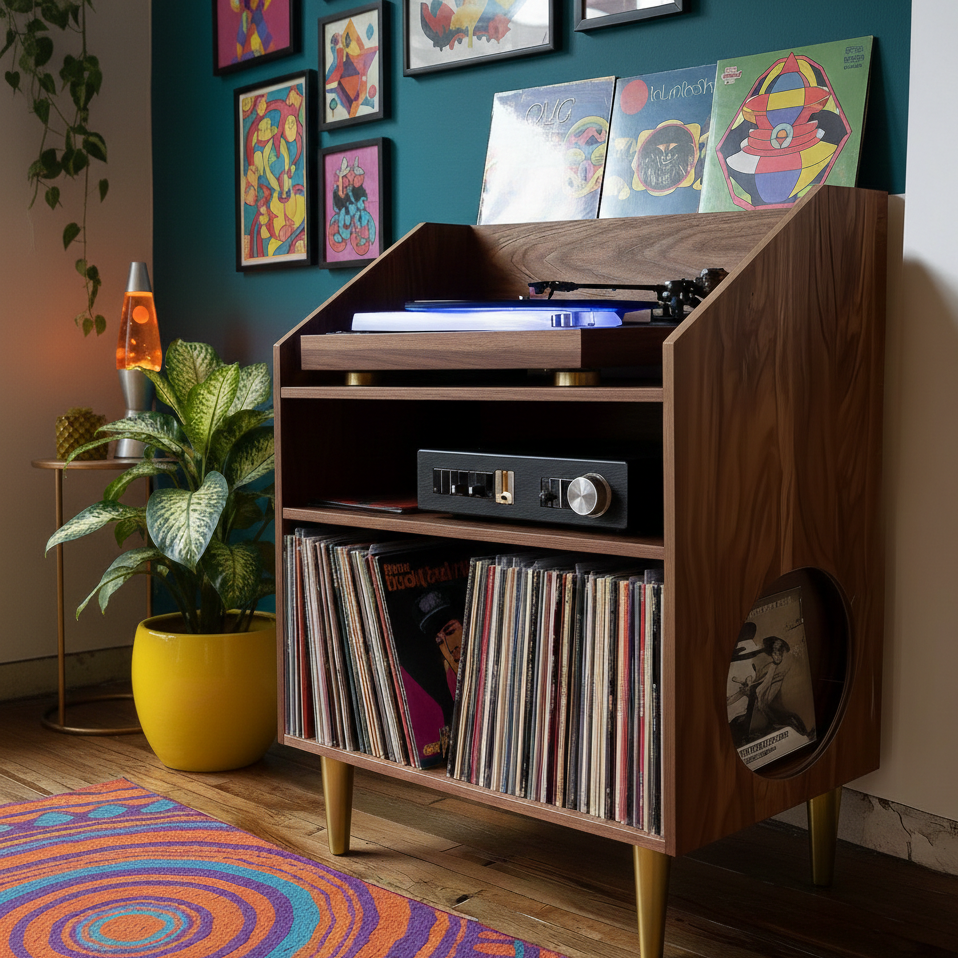 Wooden record player console with vinyl records in a room with colorful decor.