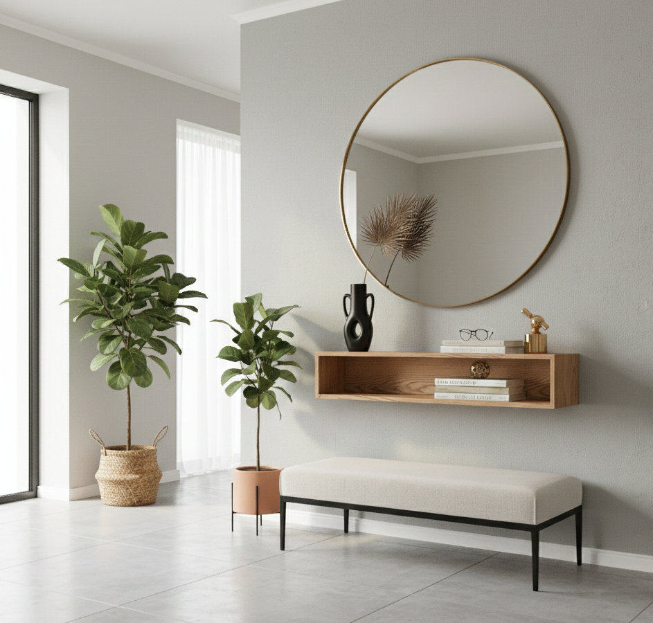 Modern interior with round mirror, wooden shelf, and decorative items.