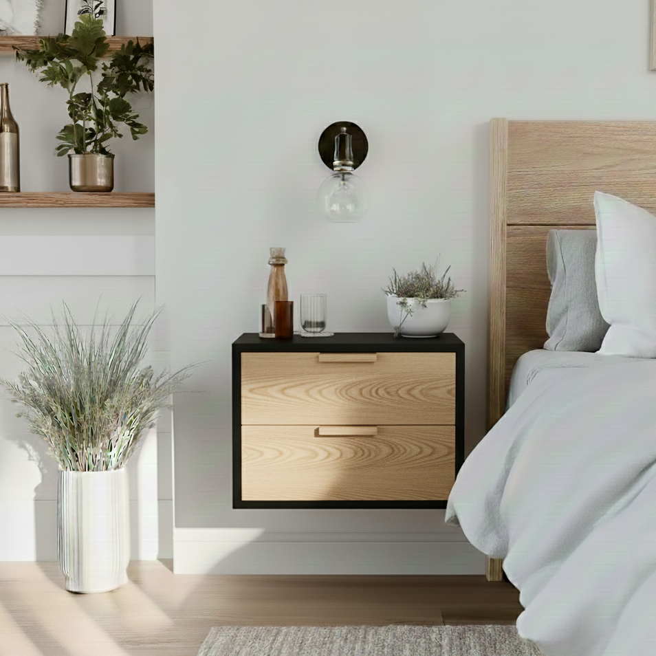 Modern bedroom with wooden nightstand, bed, and decorative elements.