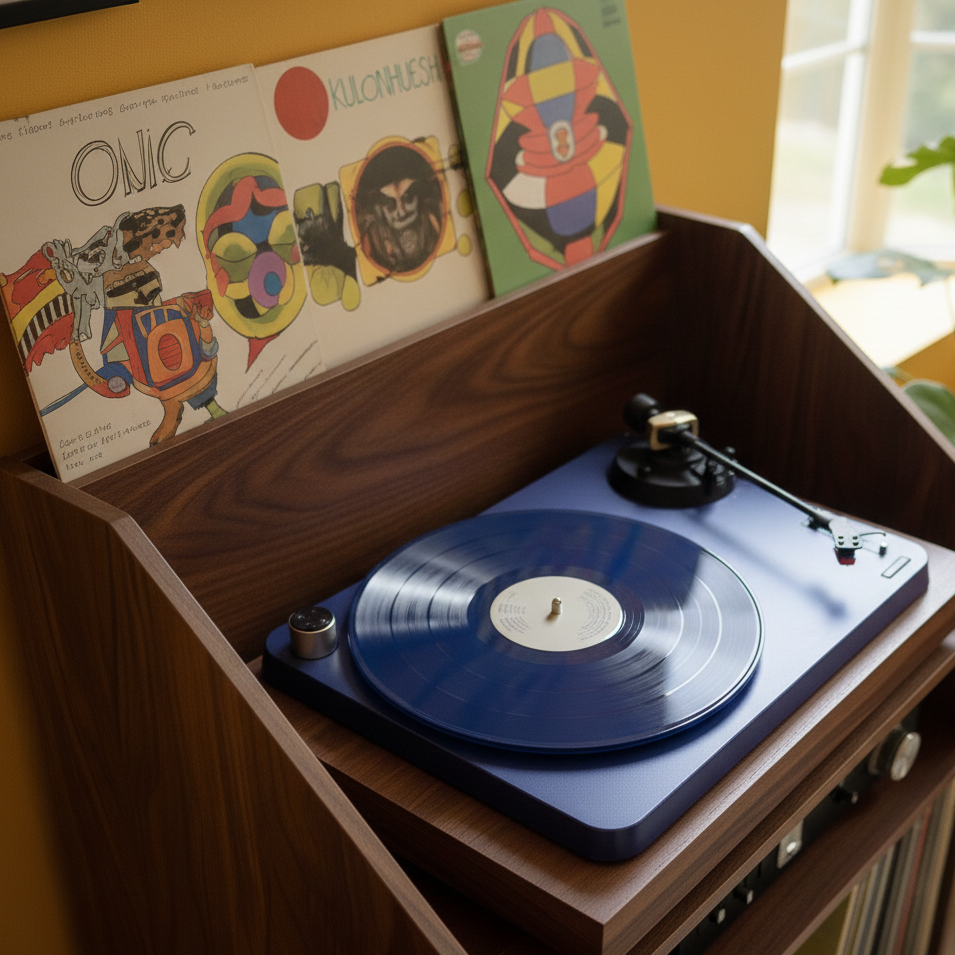 Wooden record player with vinyl records on a yellow wall background