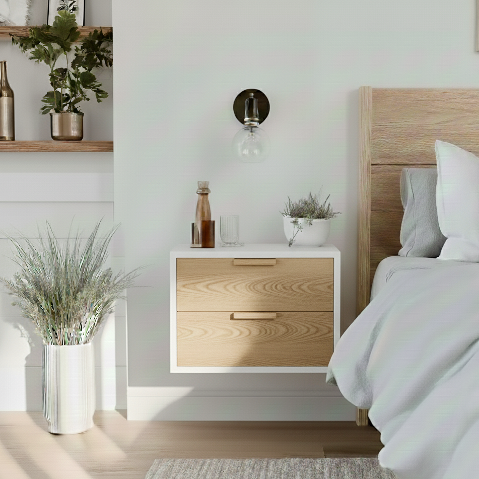 Modern bedroom with wooden nightstand, bed, and decorative elements.