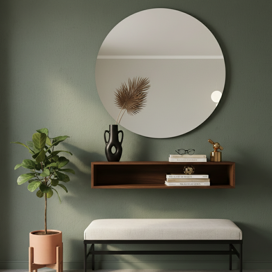 Round mirror above a wooden shelf with decor items against a green wall, next to a plant and bench.
