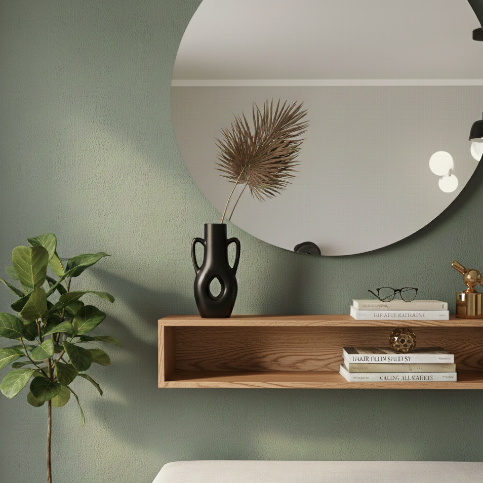 Round mirror on a green wall with a wooden shelf below, containing books, a vase, and decorative items.