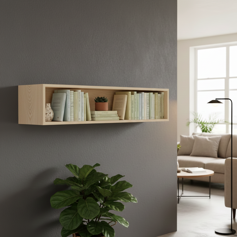 Modern living room with a wooden shelf, books, and a plant against a gray wall.