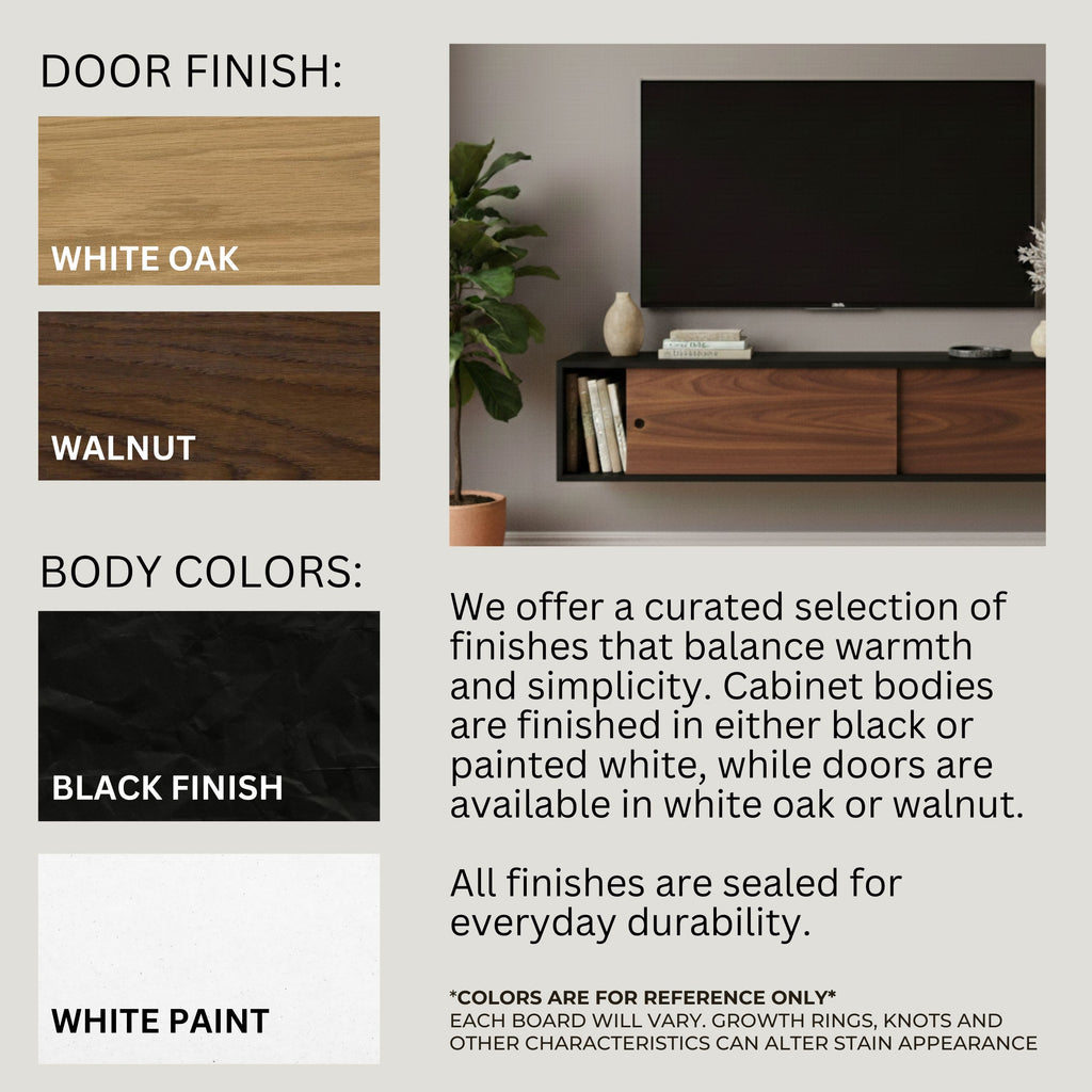 Wooden cabinet with TV on a light gray background, featuring color options for door finish and body color.