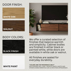 Wooden cabinet with TV on a light gray background, featuring color options for door finish and body color.