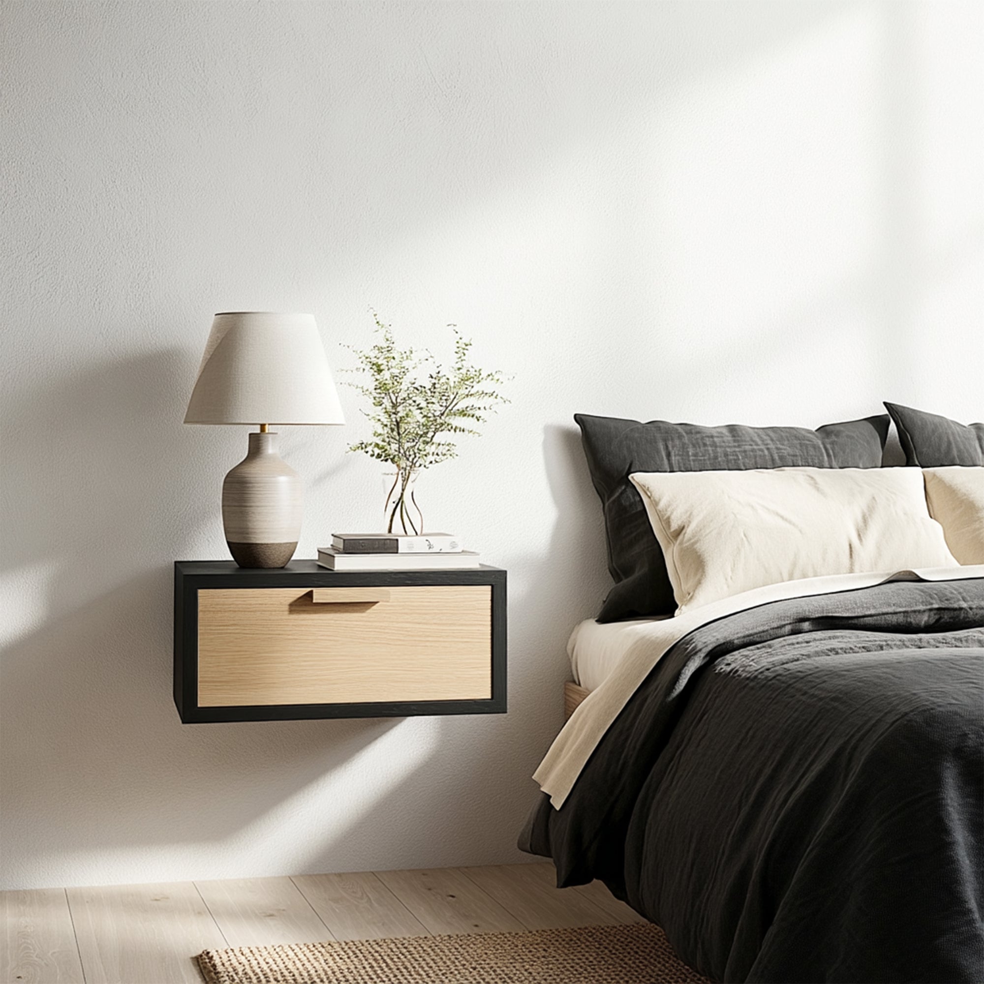 Floating Single Drawer Wooden Nightstand Table