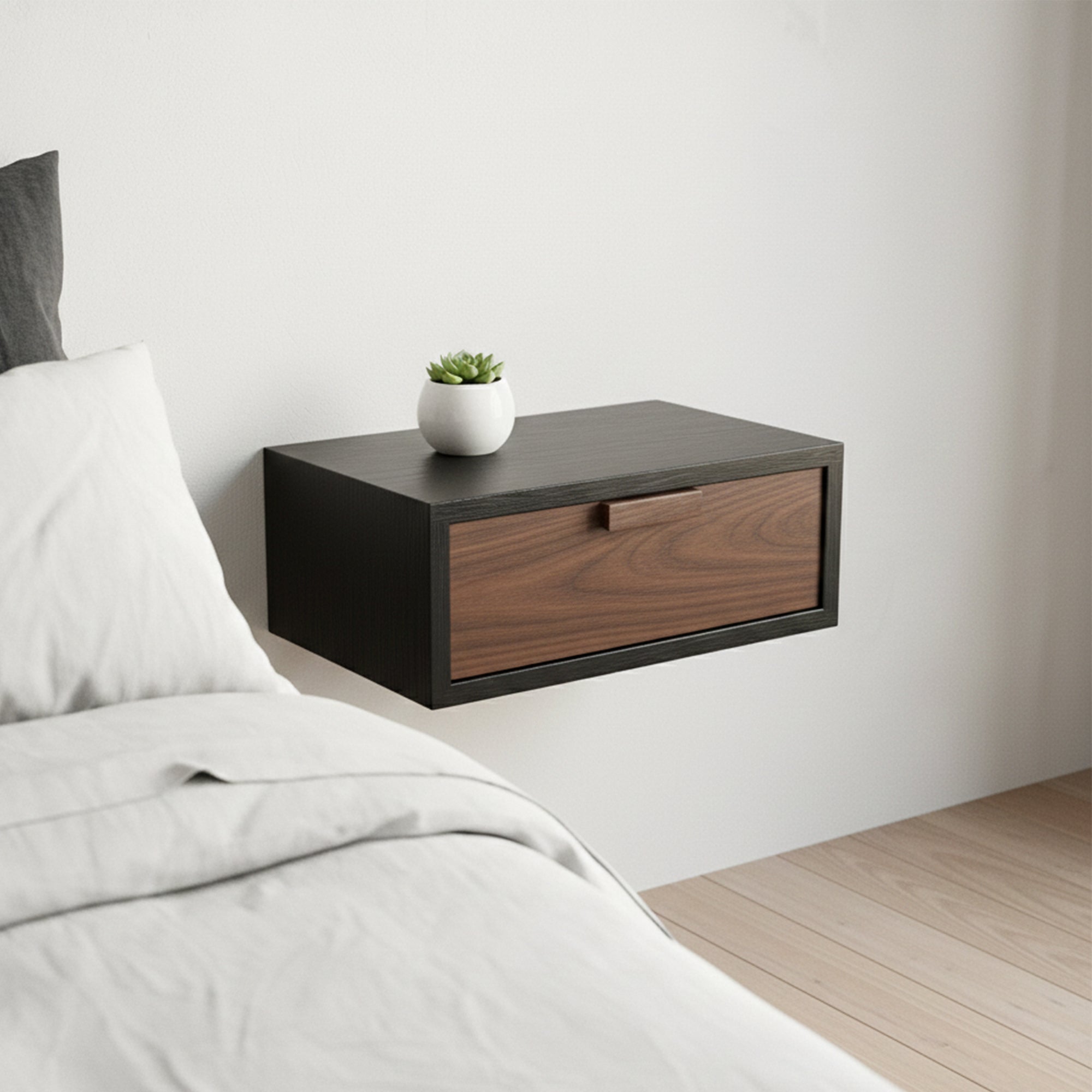 Floating Single Drawer Wooden Nightstand Table